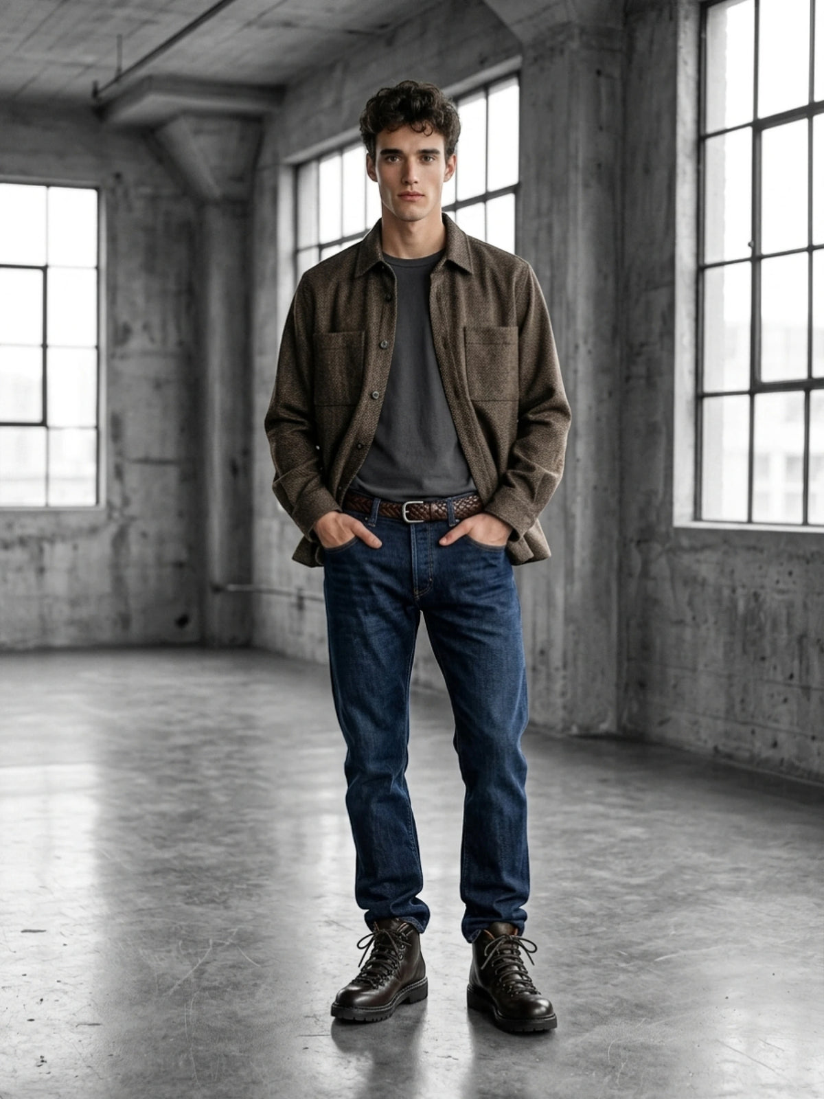 Xacus, Overshirt, Shetland-Wolle Fischgrät Oliv-Braun