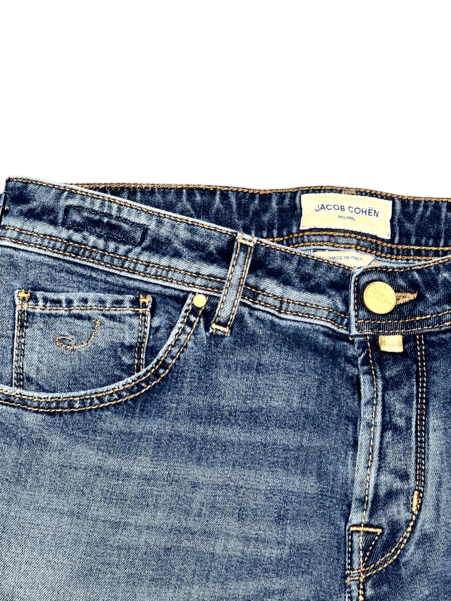 UNIT Hamburg - Jacob Cohën, Scott, light blue denim, pale green Label - Jacob Cohën