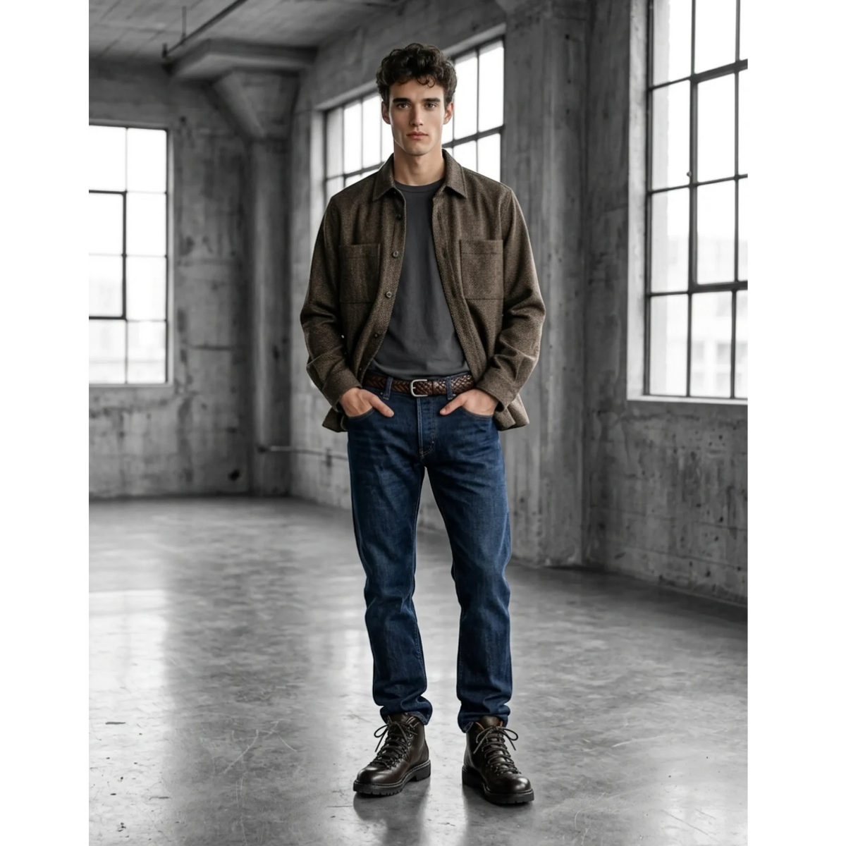 Xacus 169ML 31441 Unfold Harringbone Wool Overshirt, schwarzbraun